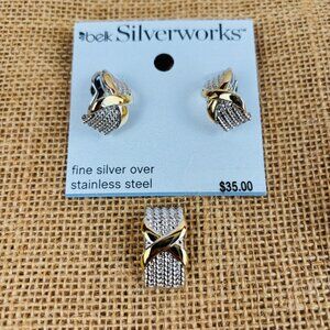 Vintage Silverworks Cross X Two Tone Omega Back Earrings & Pendant